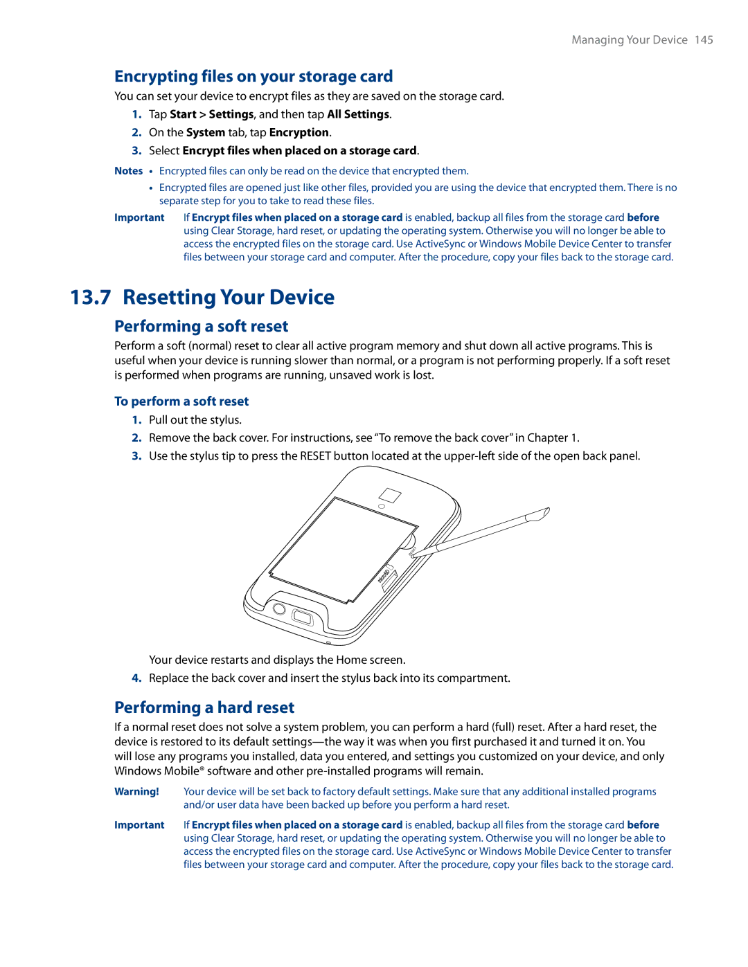 HTC RHOD500 Resetting Your Device, Encrypting files on your storage card, Performing a soft reset, Performing a hard reset 