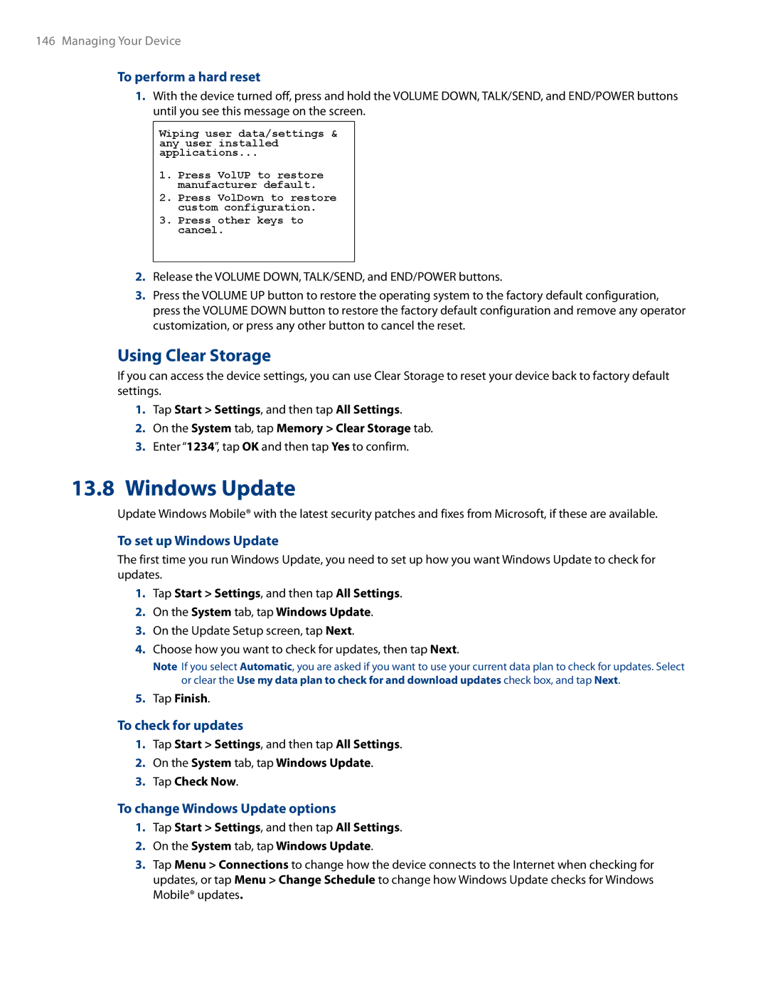 HTC RHOD500 user manual Windows Update, Using Clear Storage 