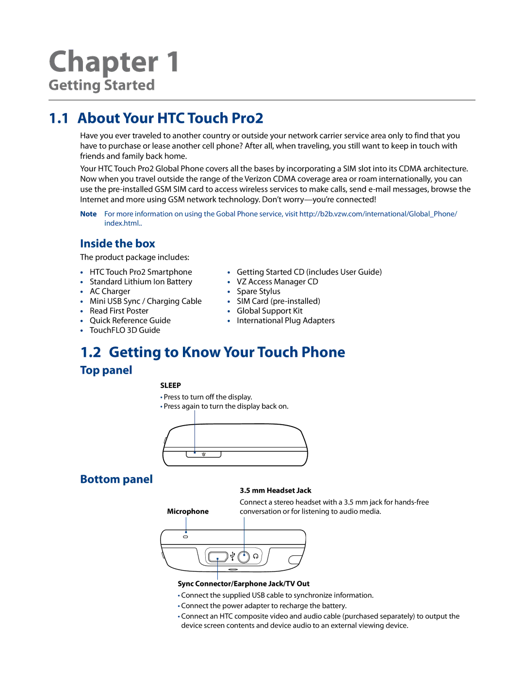 HTC RHOD500 user manual Getting Started, ­ About Your HTC Touch Pro2, Getting to Know Your Touch Phone 