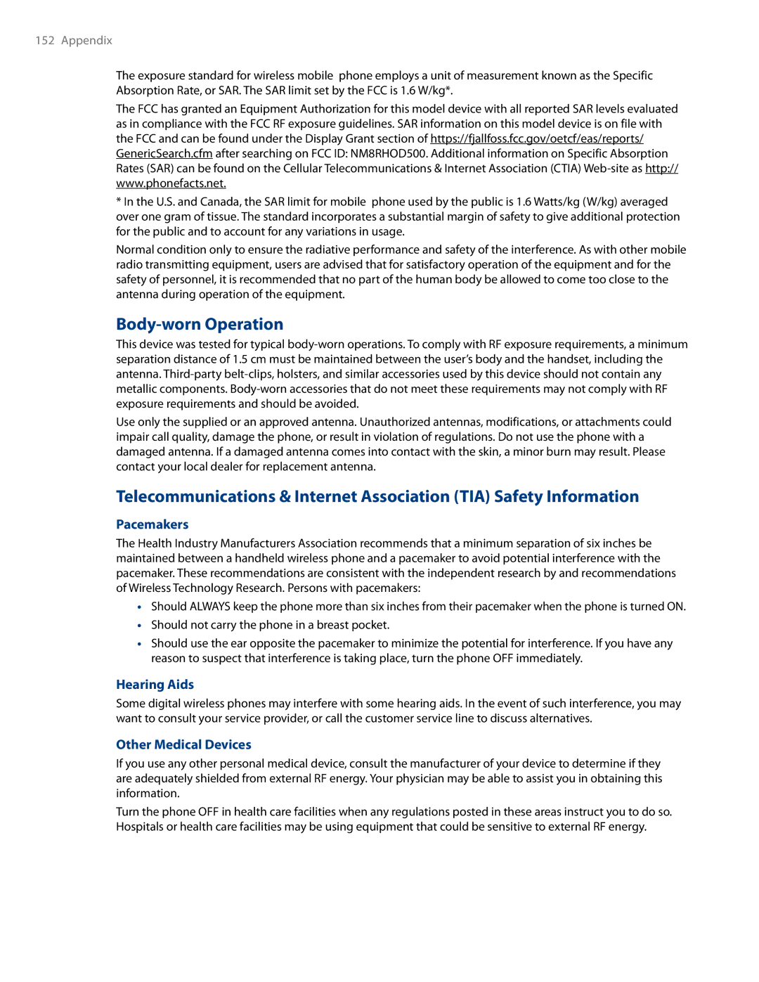 HTC RHOD500 user manual Body-worn Operation, Pacemakers, Hearing Aids, Other Medical Devices 