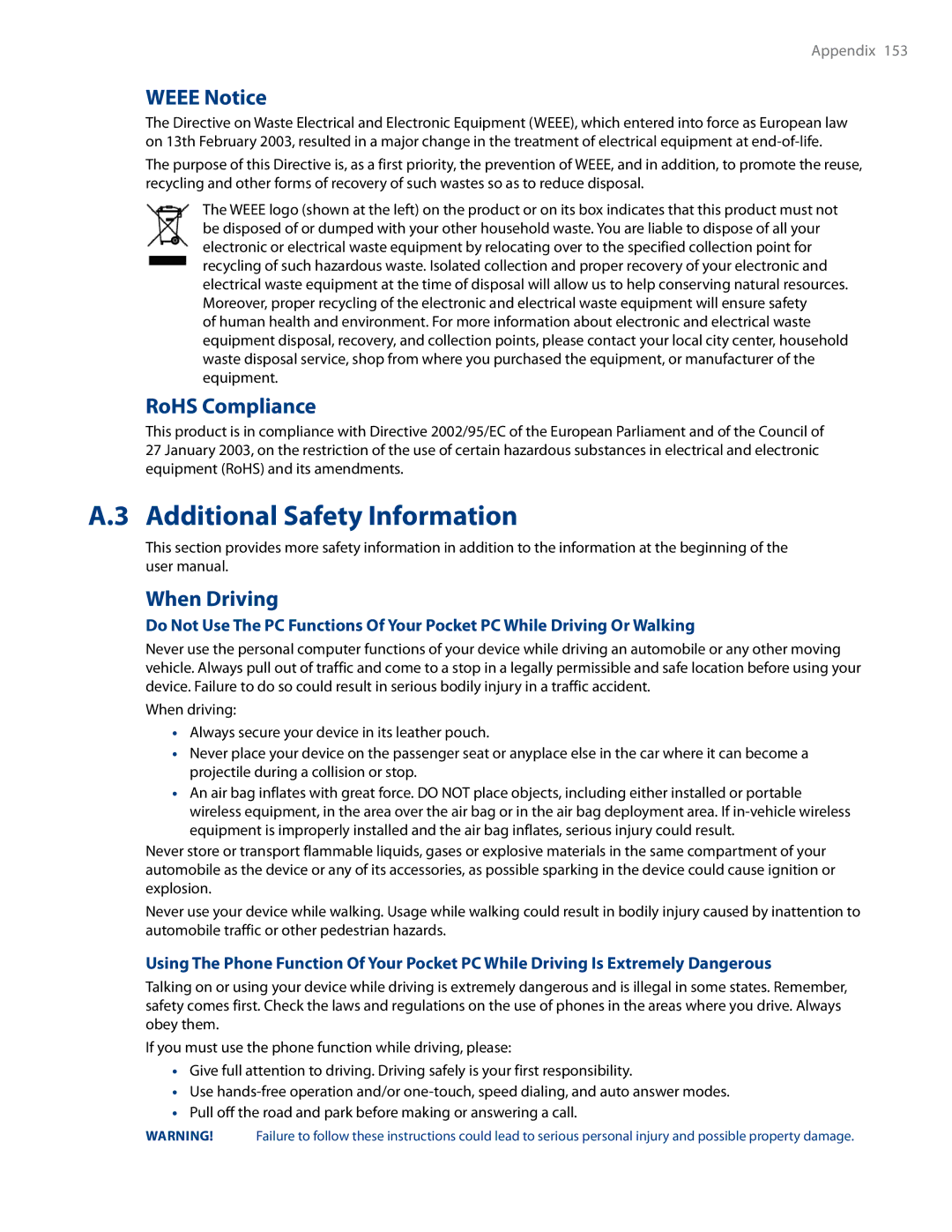 HTC RHOD500 user manual Additional Safety Information, Weee Notice, RoHS Compliance, When Driving 