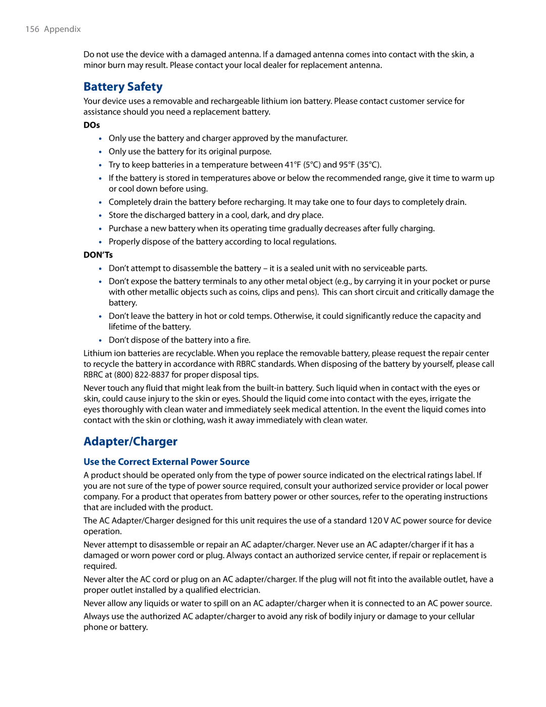 HTC RHOD500 user manual Battery Safety, Adapter/Charger, Use the Correct External Power Source, DOs, DON’Ts 