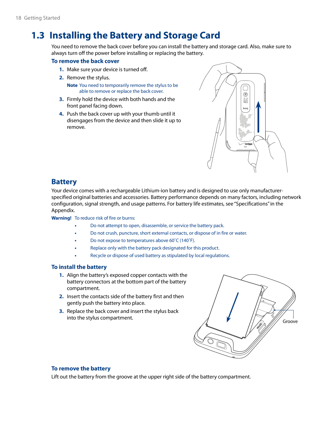 HTC RHOD500 user manual Installing the Battery and Storage Card, To remove the back cover, To install the battery 