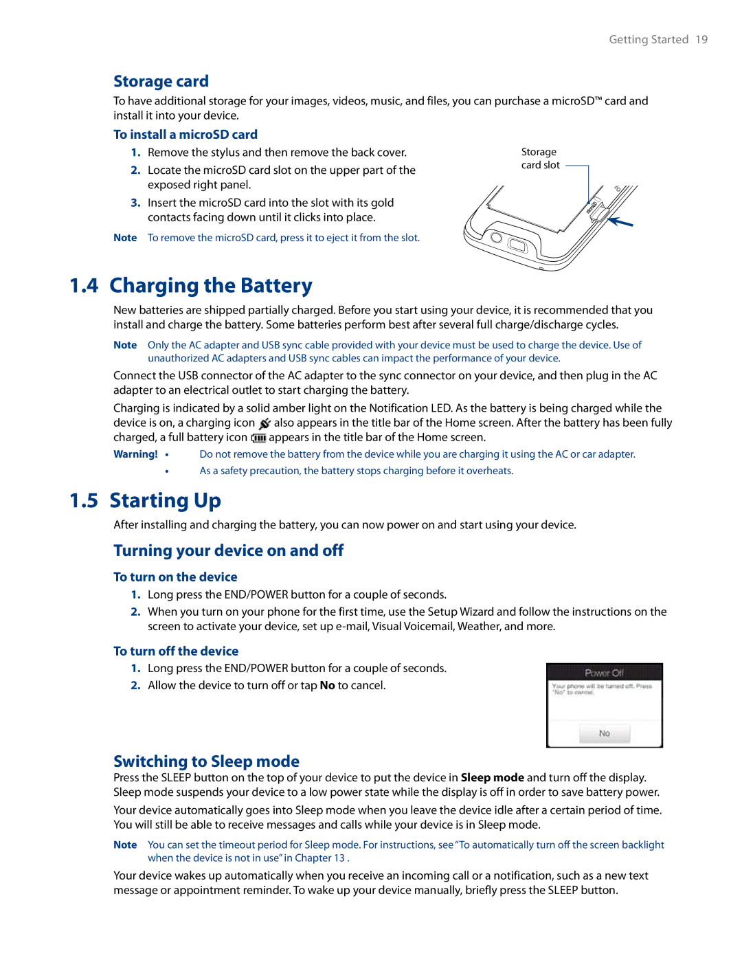 HTC RHOD500 Charging the Battery, Starting Up, Storage card, Turning your device on and off, Switching to Sleep mode 