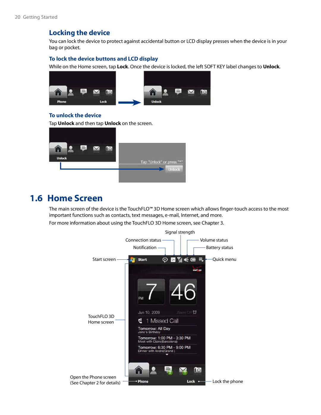 HTC RHOD500 user manual Home Screen, Locking the device, To lock the device buttons and LCD display, To unlock the device 