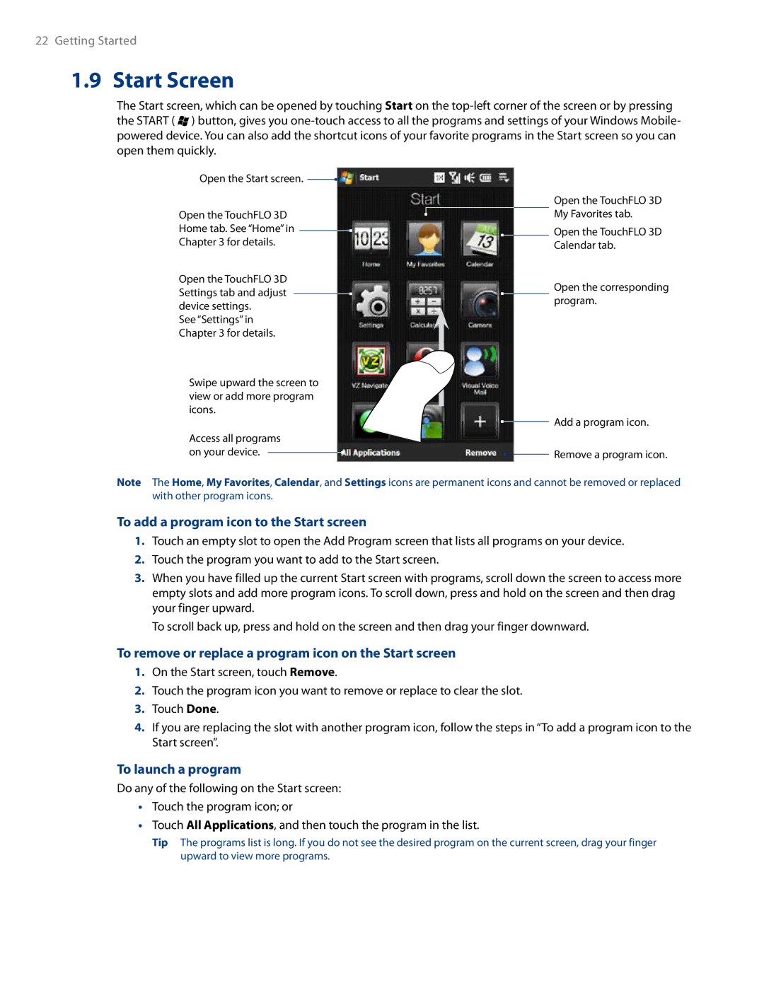 HTC RHOD500 user manual Start Screen, To add a program icon to the Start screen, To launch a program 