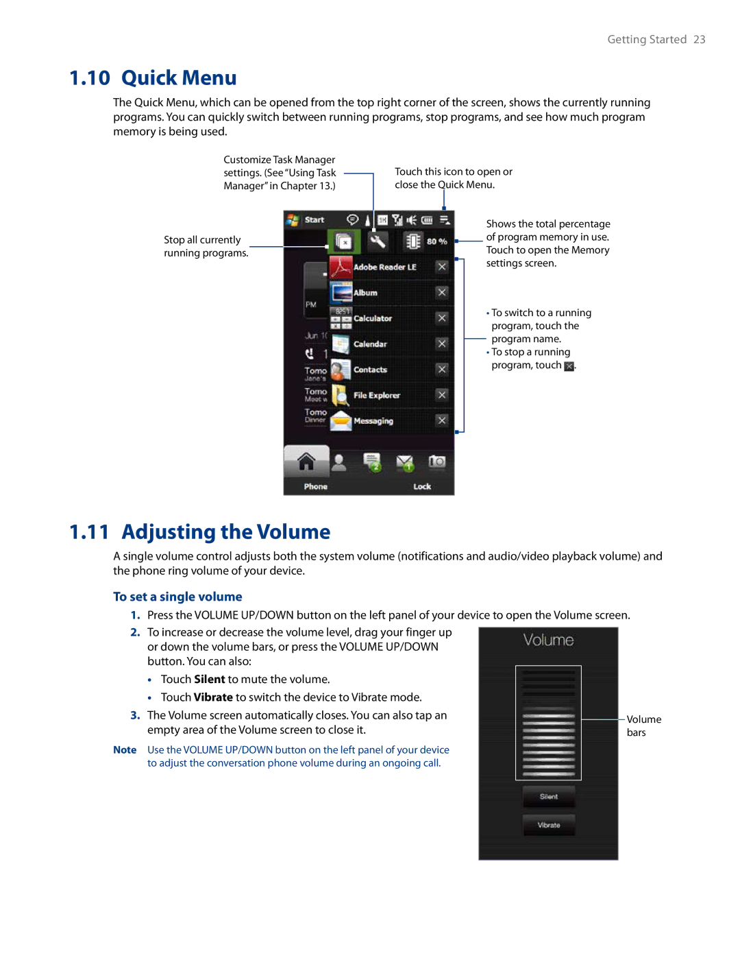 HTC RHOD500 user manual Quick Menu, Adjusting the Volume, To set a single volume 