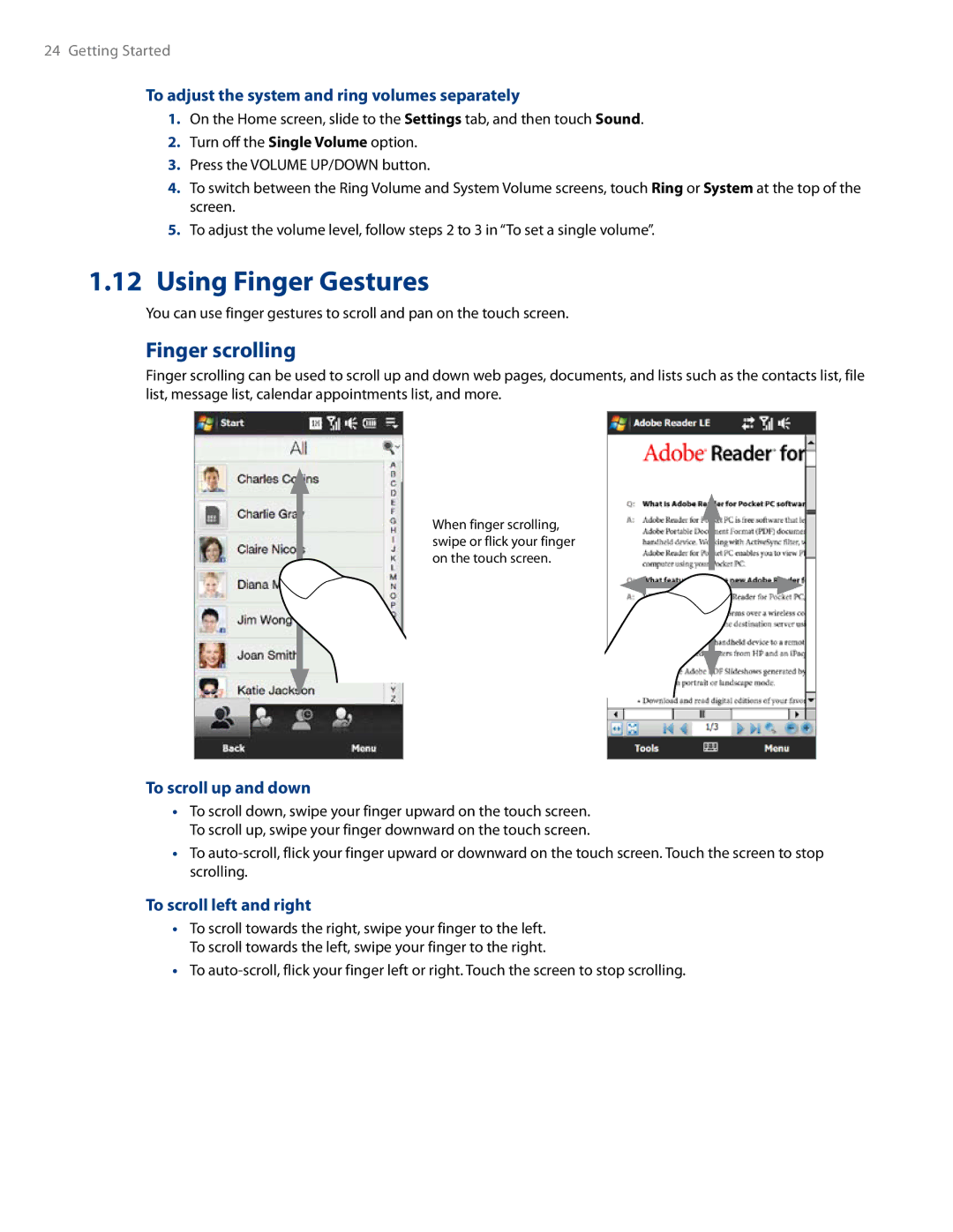 HTC RHOD500 user manual Using Finger Gestures, Finger scrolling, To adjust the system and ring volumes separately 