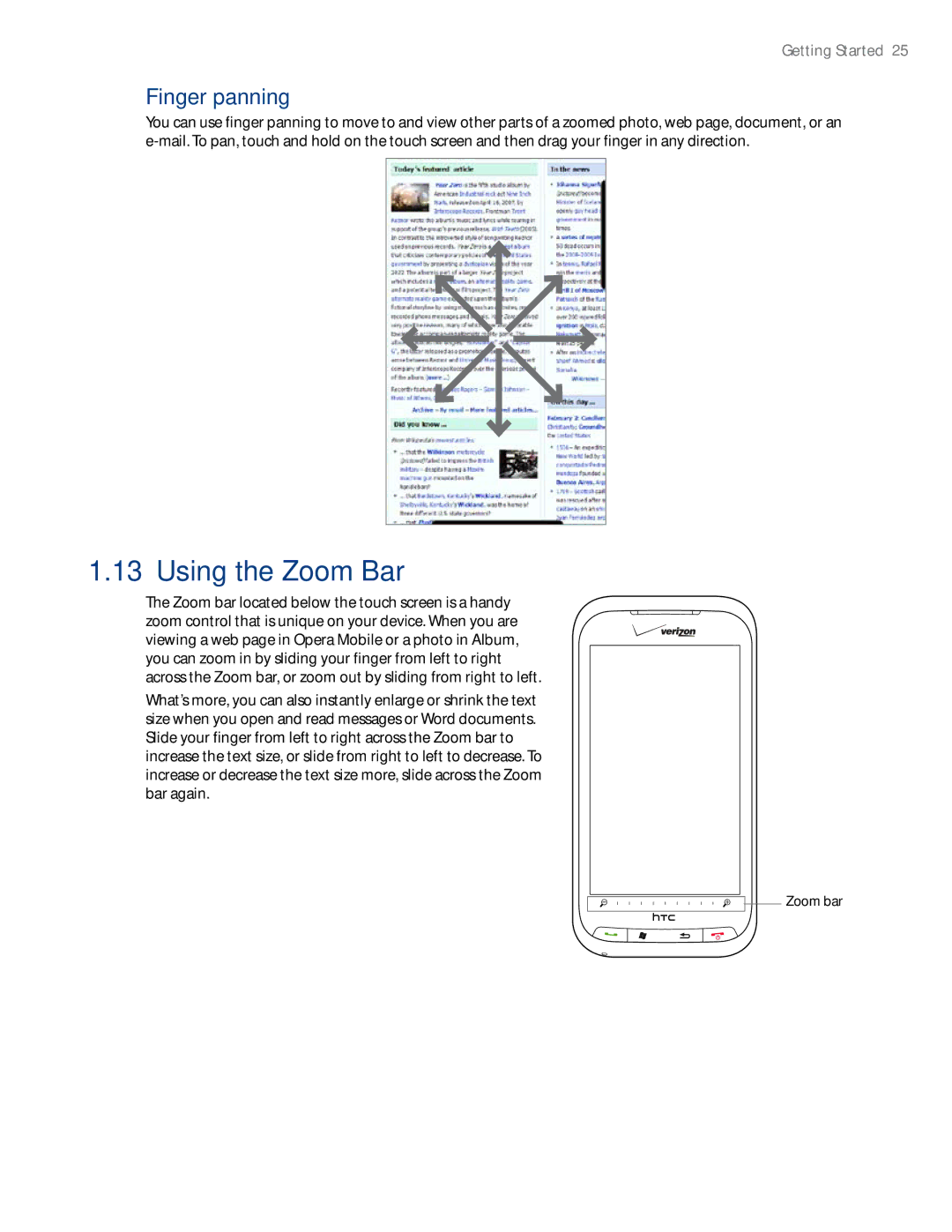 HTC RHOD500 user manual Using the Zoom Bar, Finger panning 