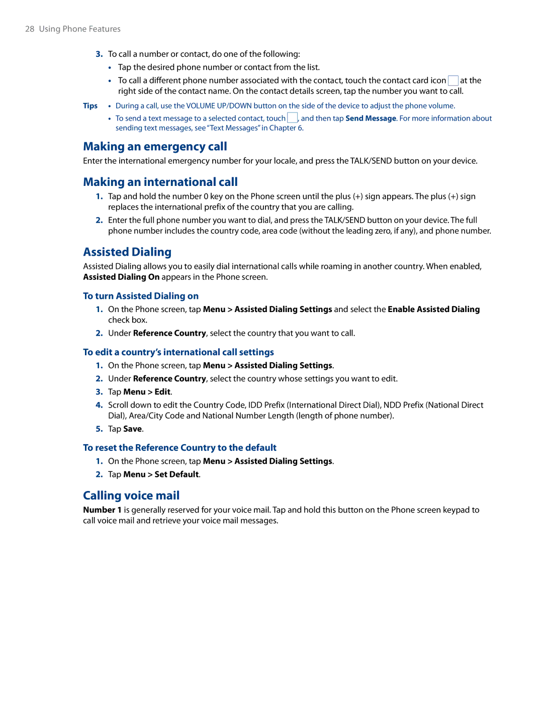 HTC RHOD500 user manual Making an emergency call, Making an international call, Assisted Dialing, Calling voice mail 