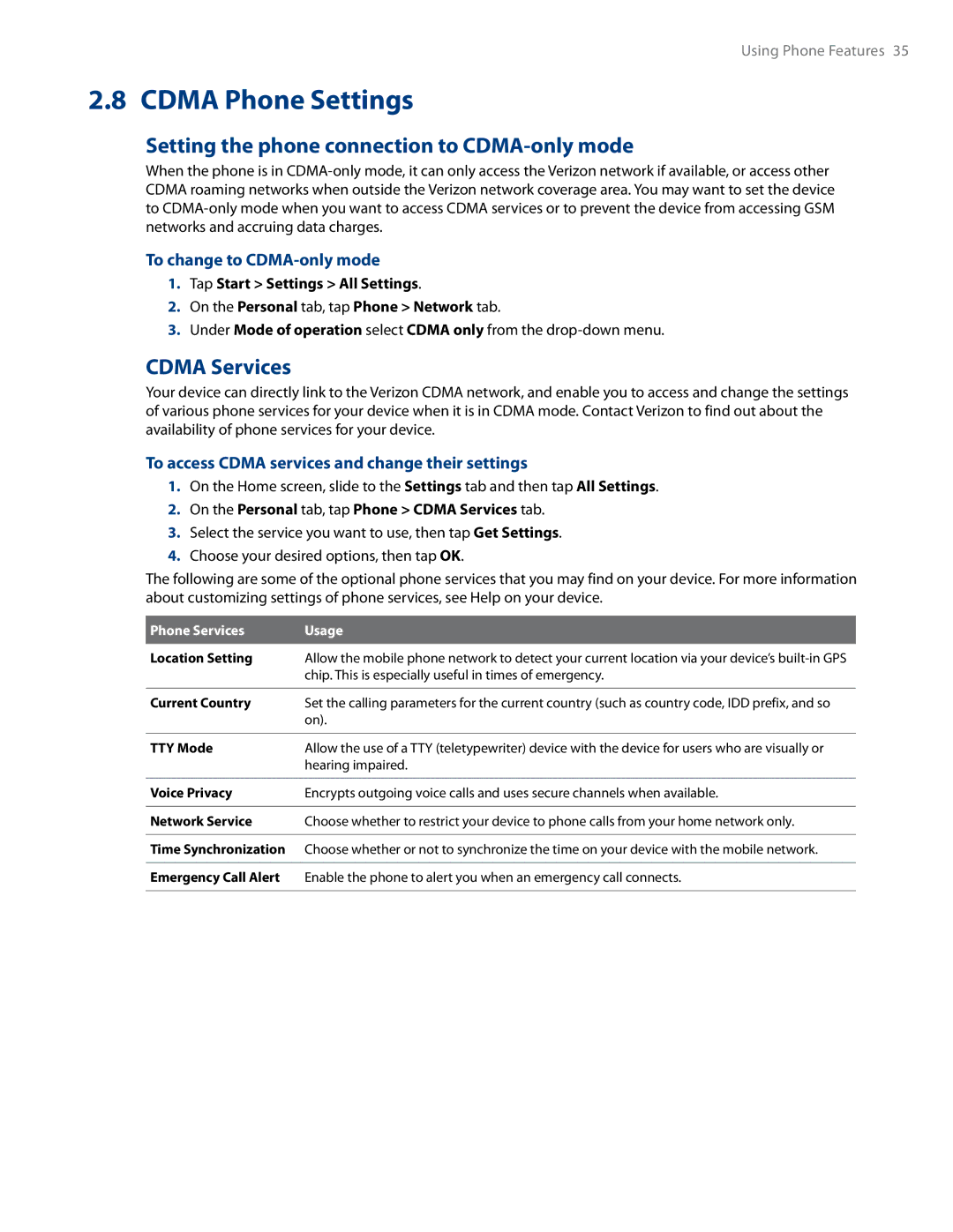 HTC RHOD500 user manual Cdma Phone Settings, Setting the phone connection to CDMA-only mode, Cdma Services 