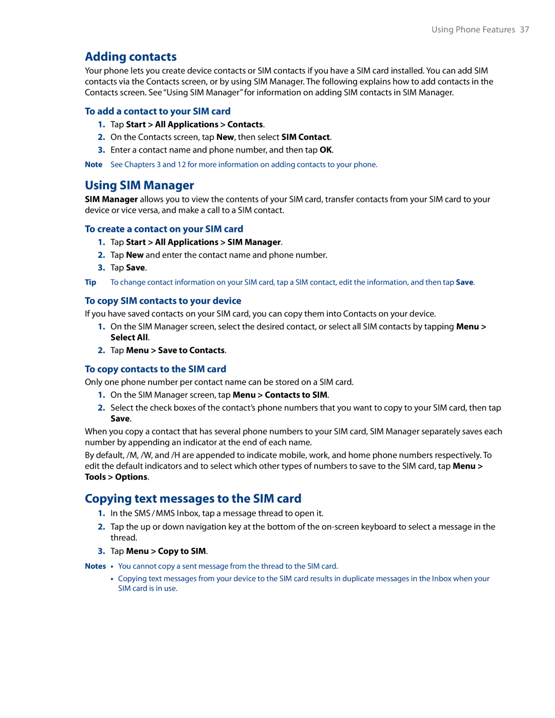 HTC RHOD500 user manual Adding contacts, Using SIM Manager, Copying text messages to the SIM card 