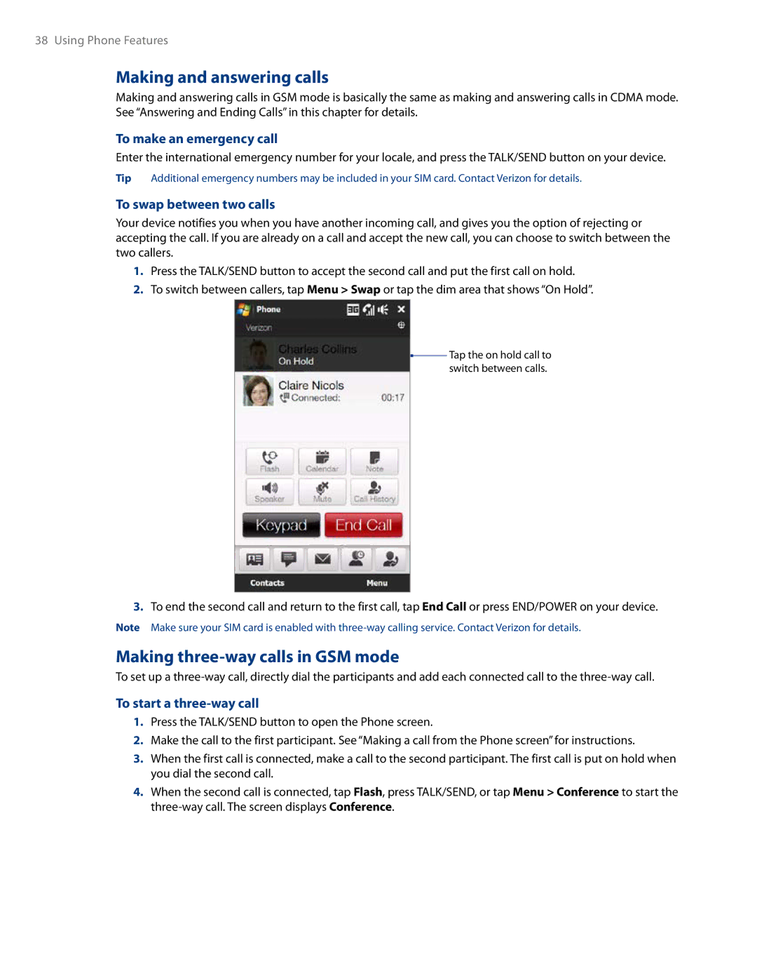 HTC RHOD500 user manual Making and answering calls, Making three-way calls in GSM mode, To make an emergency call 