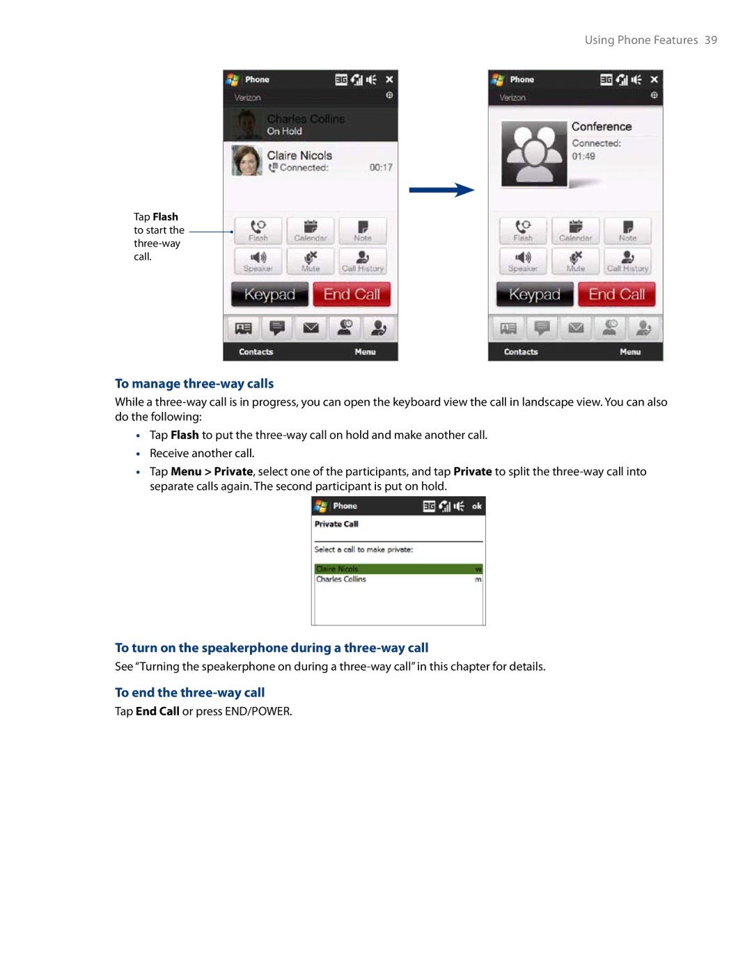 HTC RHOD500 To manage three-way calls, To turn on the speakerphone during a three-way call, To end the three-way call 