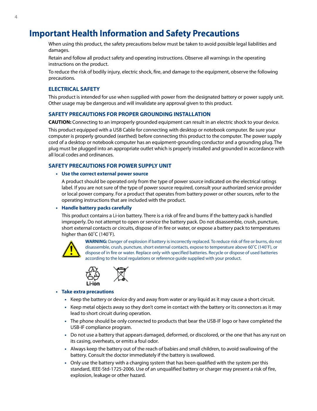 HTC RHOD500 user manual Important Health Information and Safety Precautions, Electrical Safety 