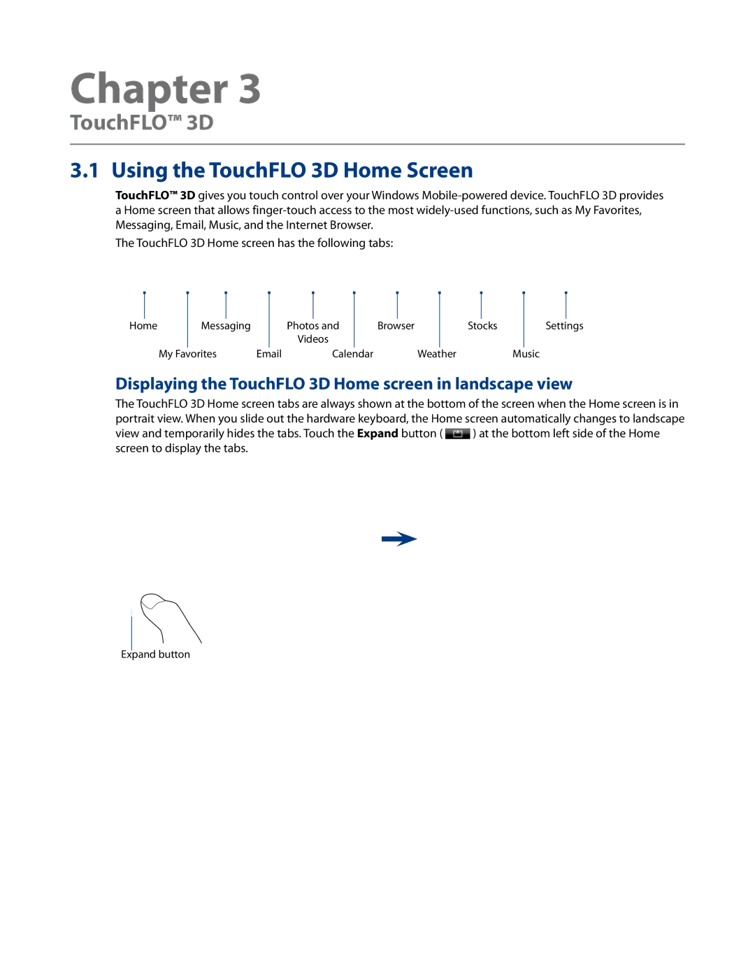 HTC RHOD500 user manual Using the TouchFLO 3D Home Screen, Displaying the TouchFLO 3D Home screen in landscape view 