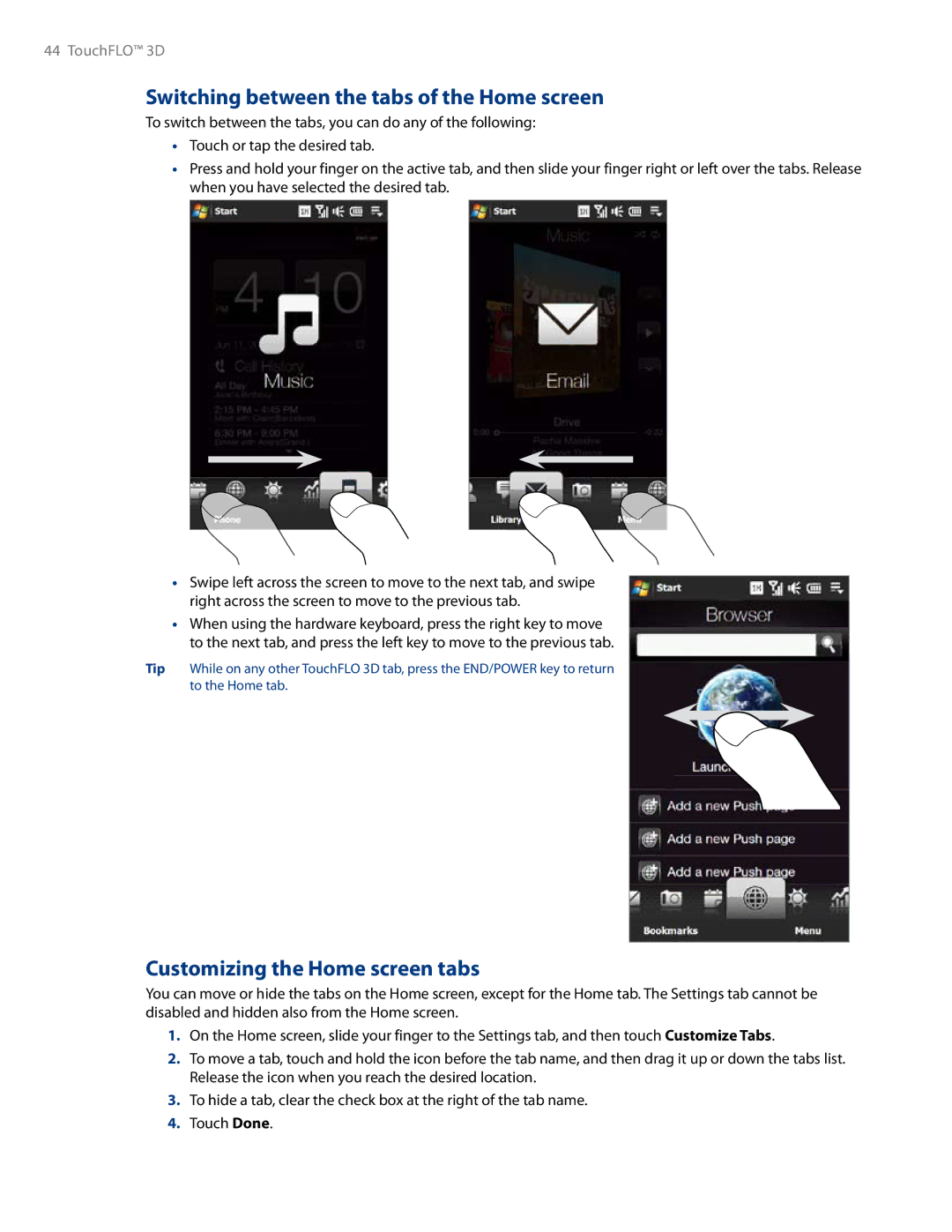 HTC RHOD500 user manual Switching between the tabs of the Home screen, Customizing the Home screen tabs 