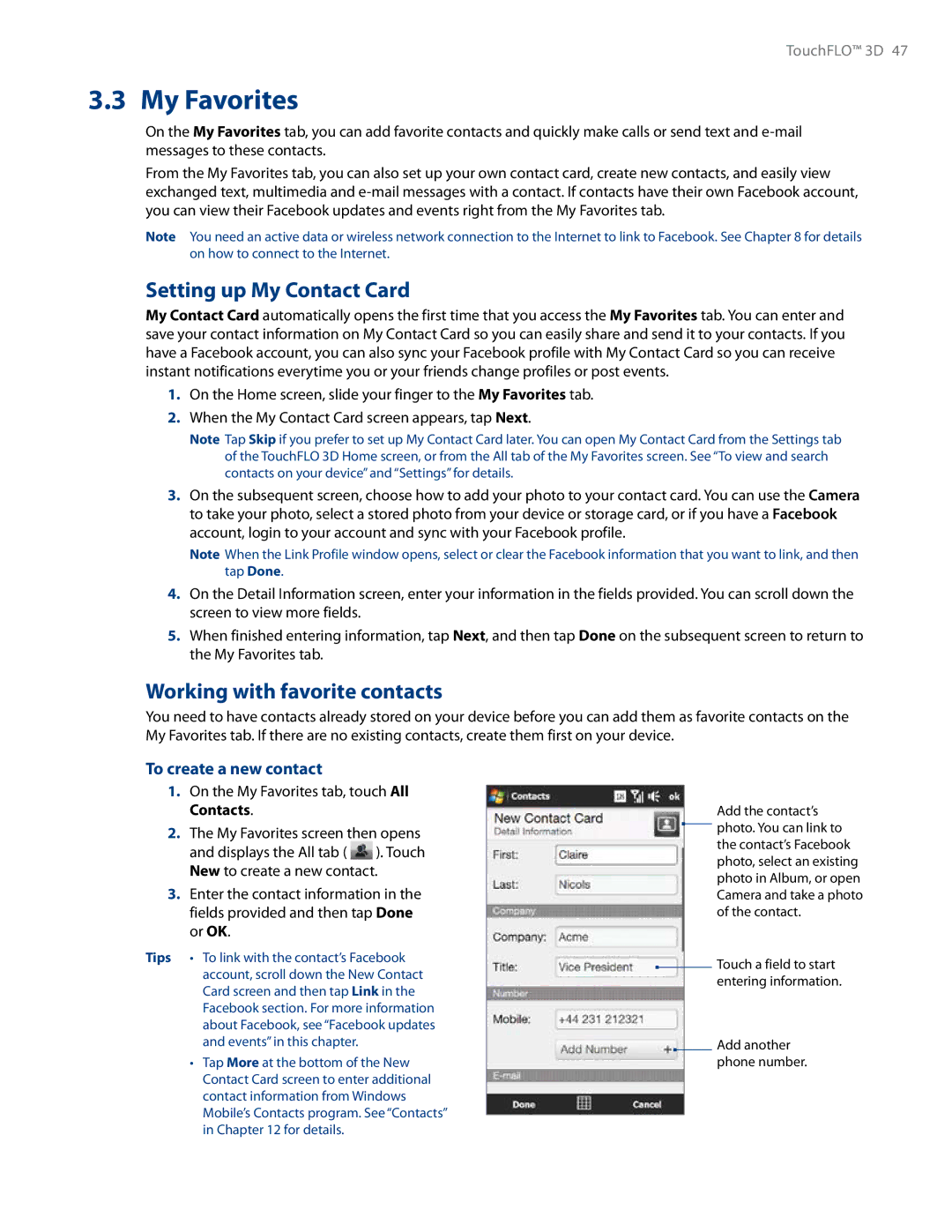 HTC RHOD500 user manual My Favorites, Setting up My Contact Card, Working with favorite contacts, To create a new contact 