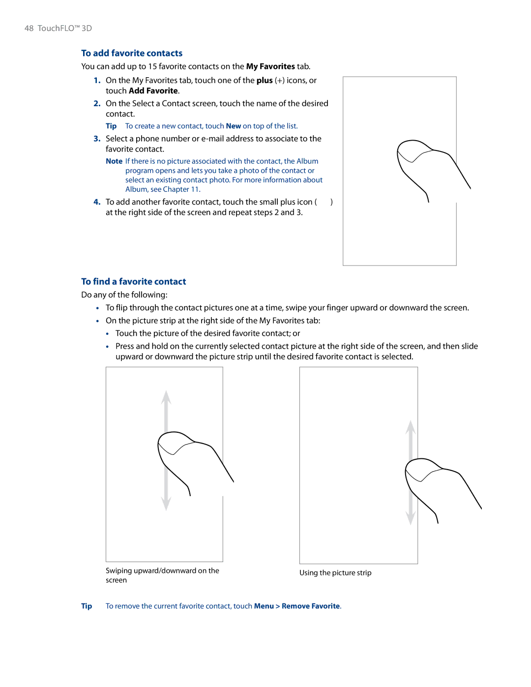 HTC RHOD500 user manual To add favorite contacts, To find a favorite contact 