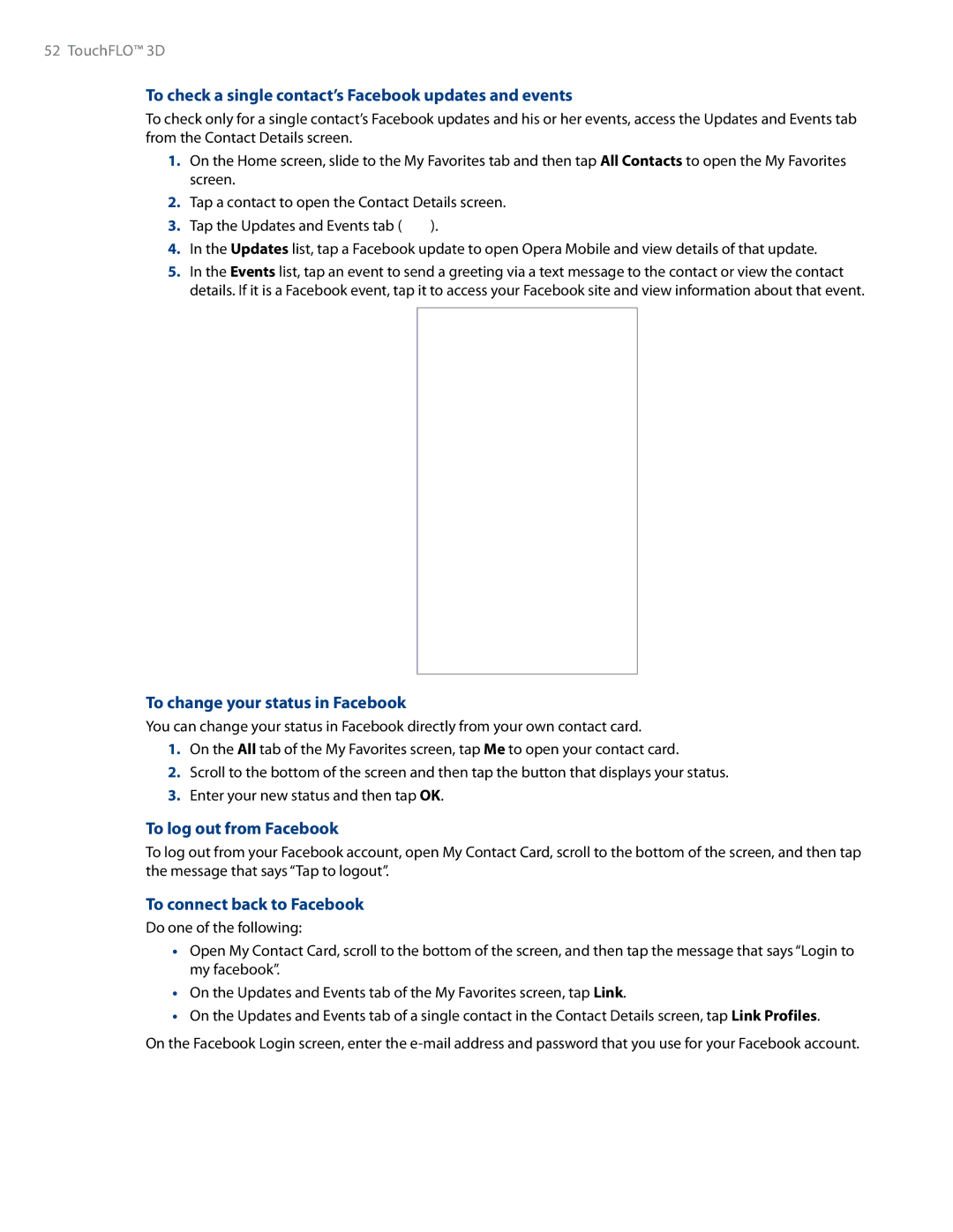 HTC RHOD500 user manual To check a single contact’s Facebook updates and events, To change your status in Facebook 