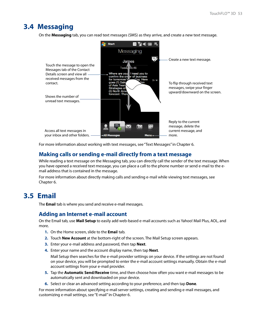 HTC RHOD500 Messaging, Making calls or sending e-mail directly from a text message, Adding an Internet e-mail account 