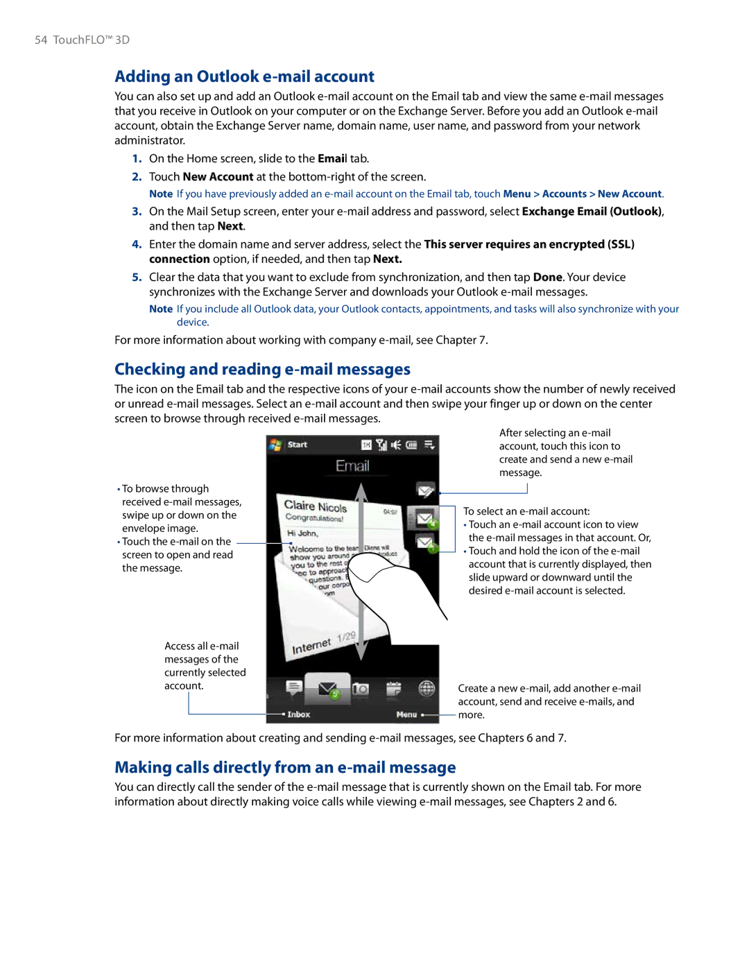 HTC RHOD500 user manual Adding an Outlook e-mail account, Checking and reading e-mail messages 