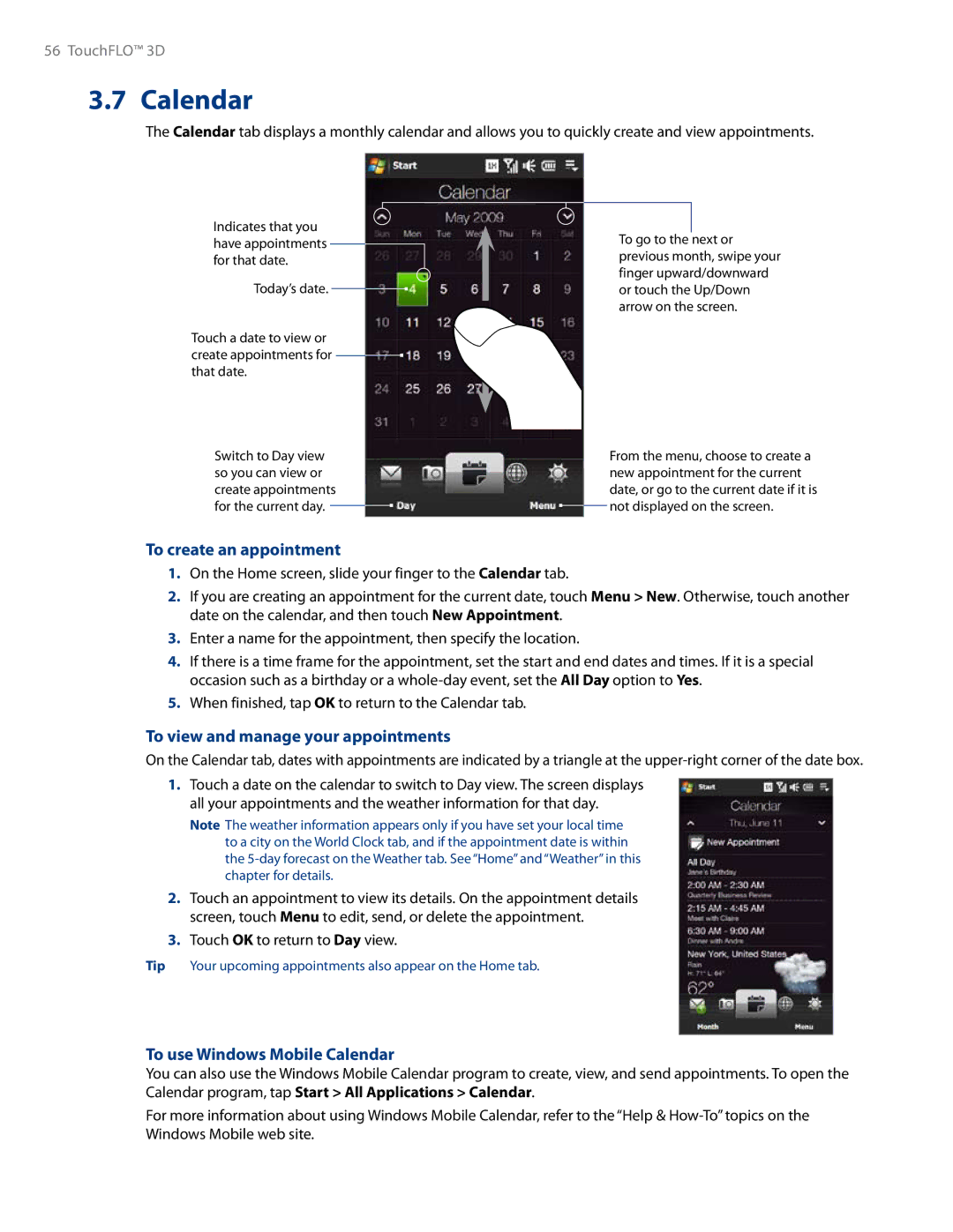 HTC RHOD500 user manual To create an appointment, To view and manage your appointments, To use Windows Mobile Calendar 