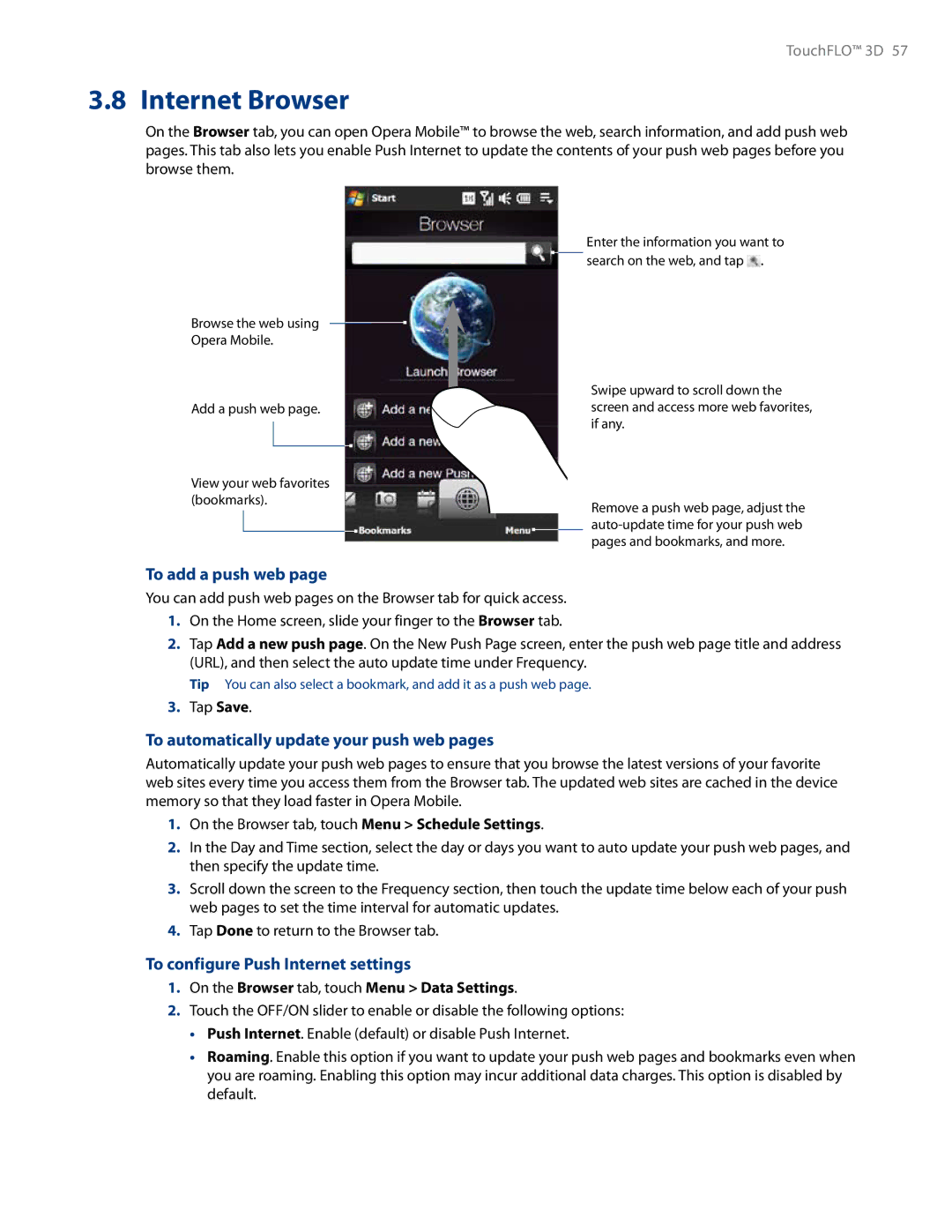 HTC RHOD500 user manual Internet Browser, To add a push web, To automatically update your push web pages 