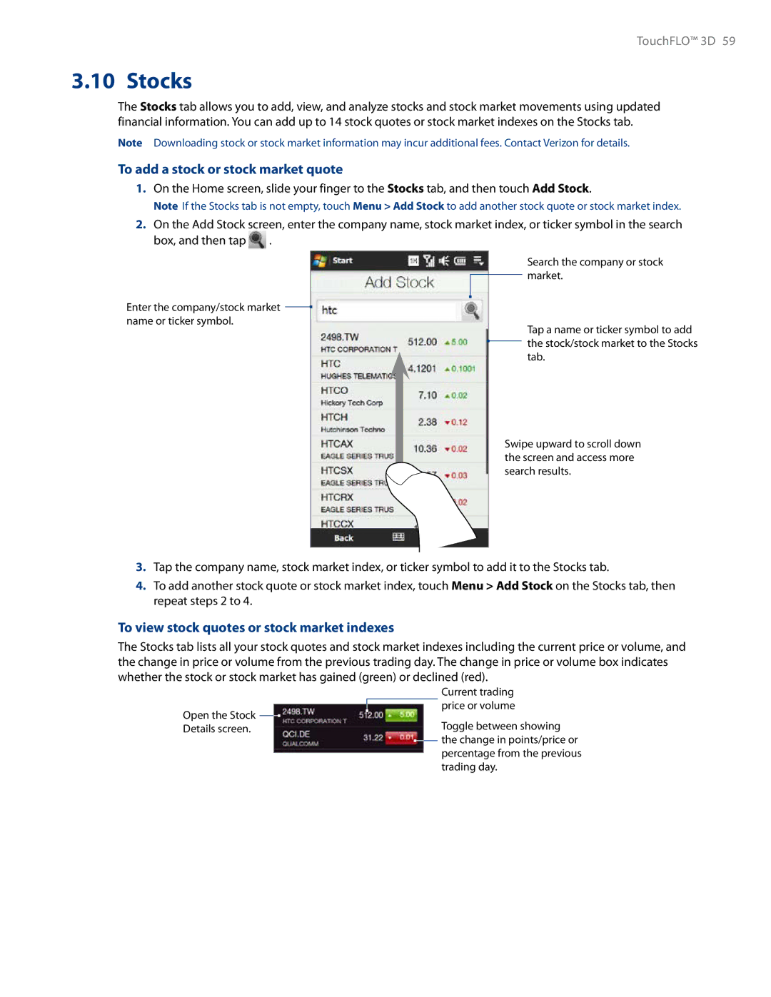 HTC RHOD500 user manual Stocks, To add a stock or stock market quote, To view stock quotes or stock market indexes 