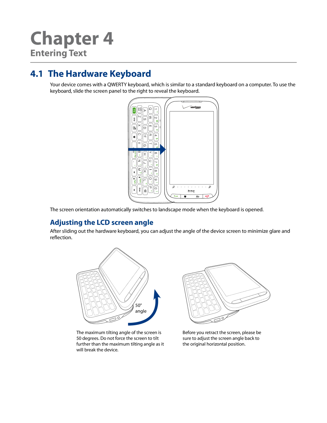 HTC RHOD500 user manual Entering Text, Hardware Keyboard, Adjusting the LCD screen angle 