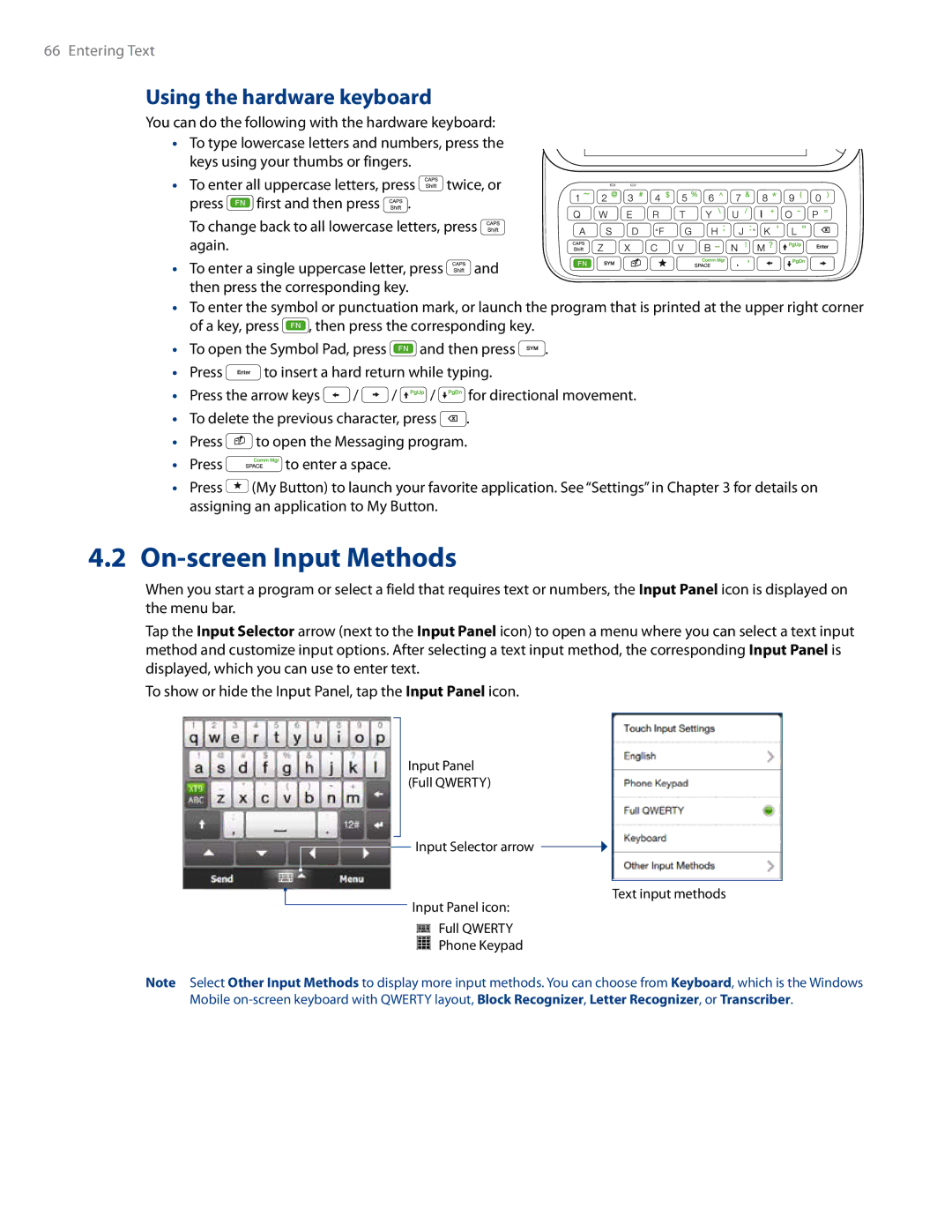 HTC RHOD500 user manual On-screen Input Methods, Using the hardware keyboard 