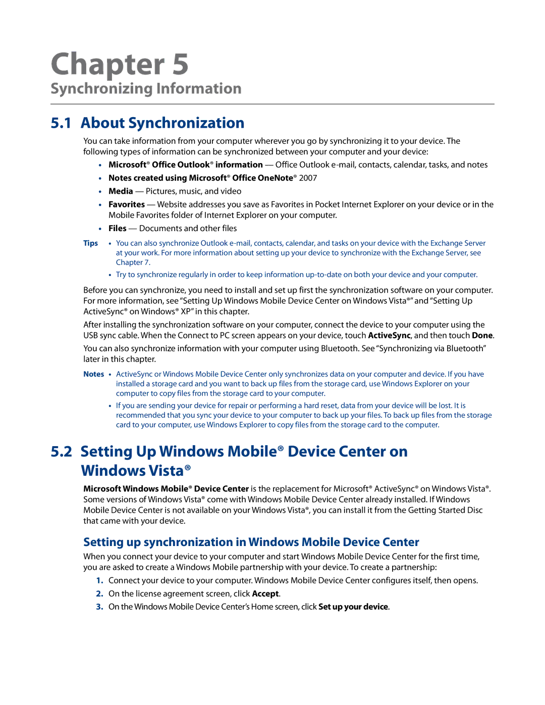 HTC RHOD500 Synchronizing Information, About Synchronization, Setting Up Windows Mobile Device Center on Windows Vista 