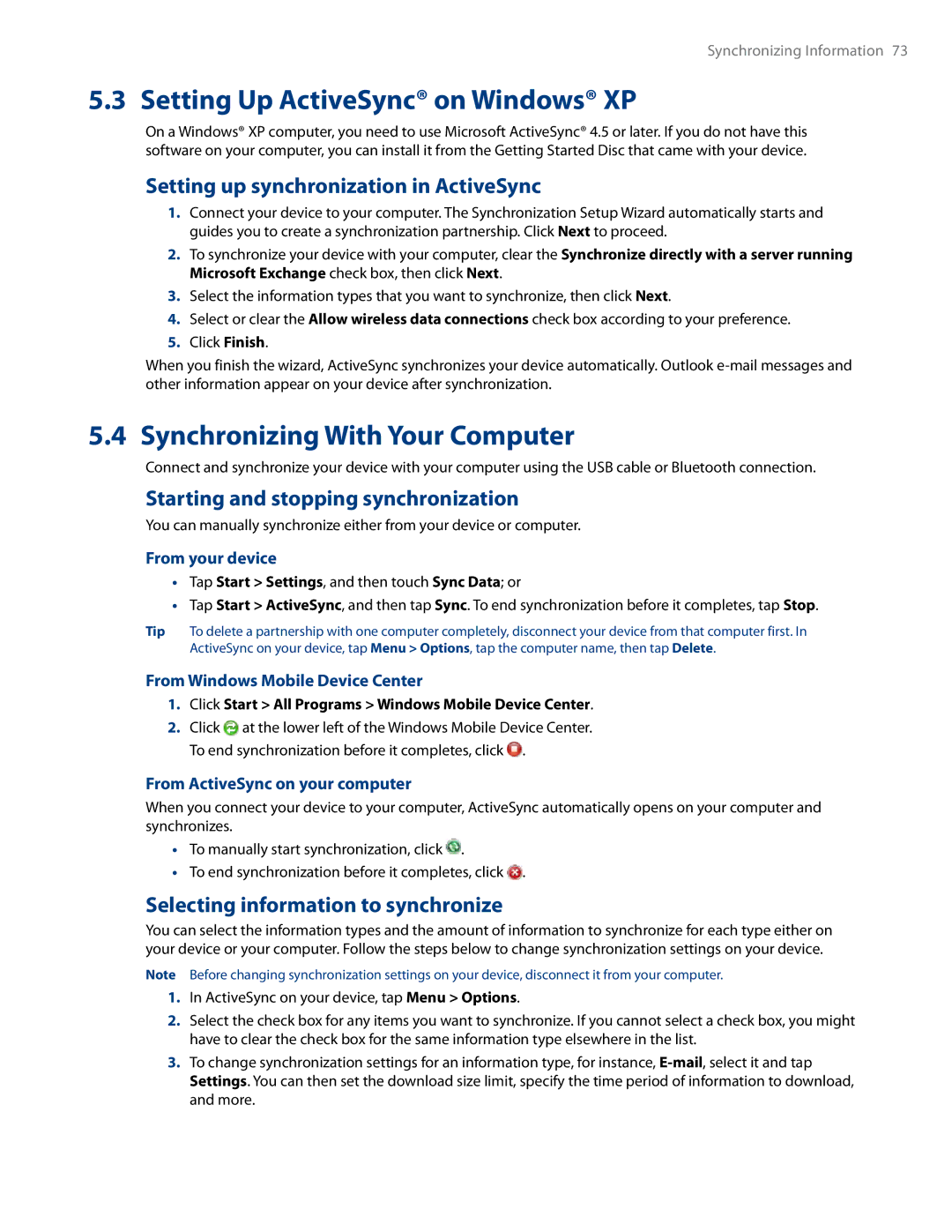 HTC RHOD500 Setting Up ActiveSync on Windows XP, Synchronizing With Your Computer, Starting and stopping synchronization 