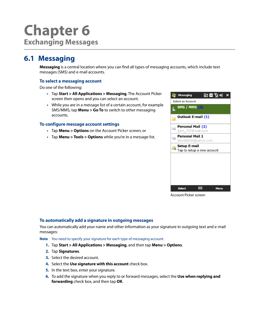 HTC RHOD500 user manual Exchanging Messages, To select a messaging account, To configure message account settings 