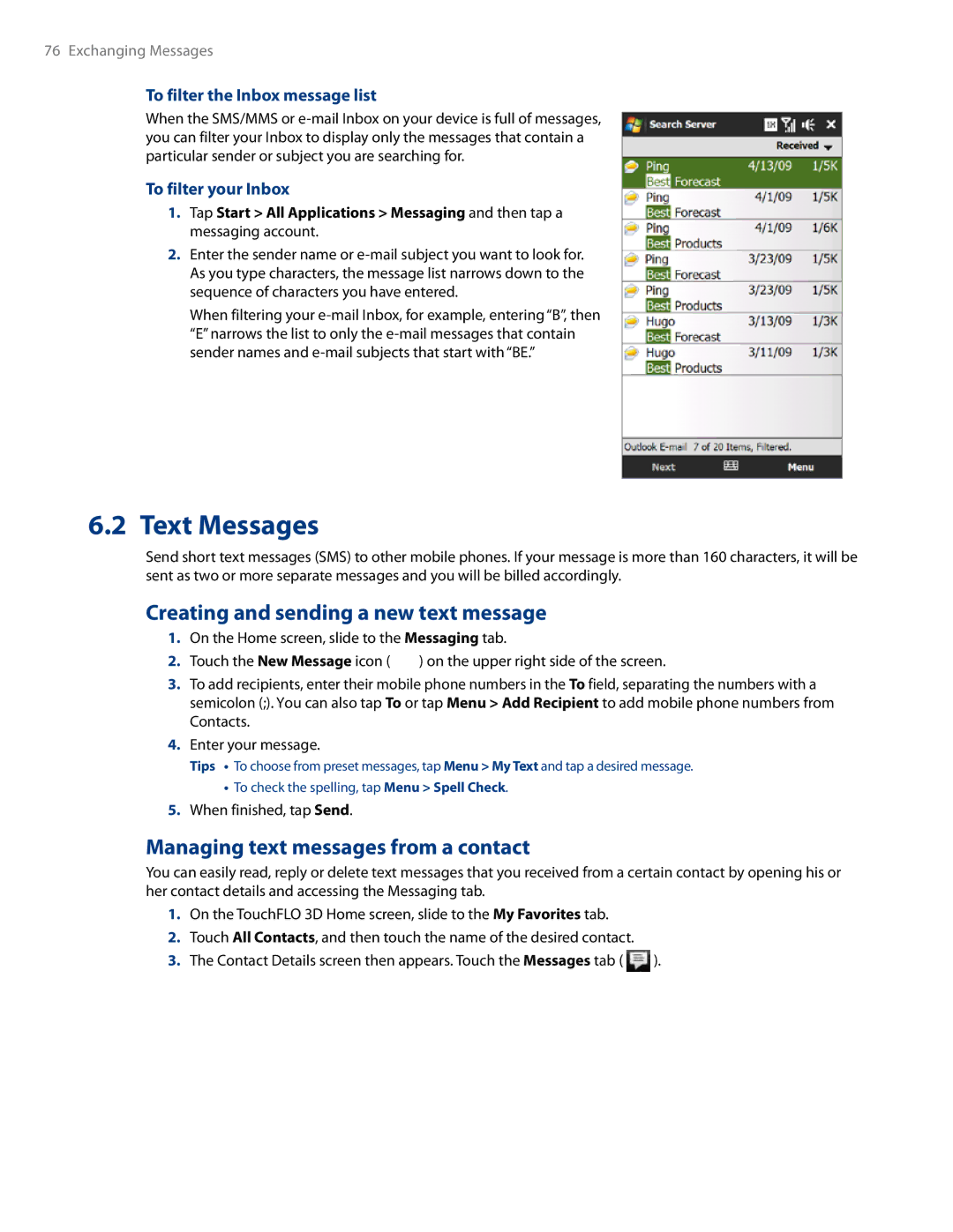 HTC RHOD500 user manual Text Messages, Creating and sending a new text message, Managing text messages from a contact 