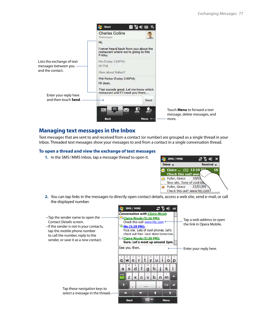 HTC RHOD500 user manual Managing text messages in the Inbox, To open a thread and view the exchange of text messages 