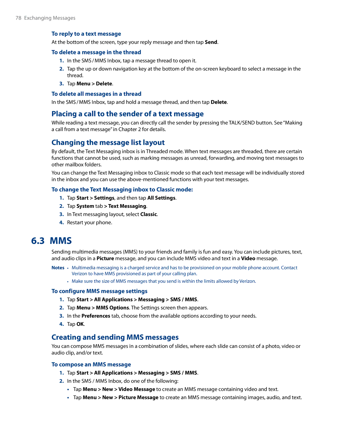 HTC RHOD500 user manual Mms, Placing a call to the sender of a text message, Changing the message list layout 