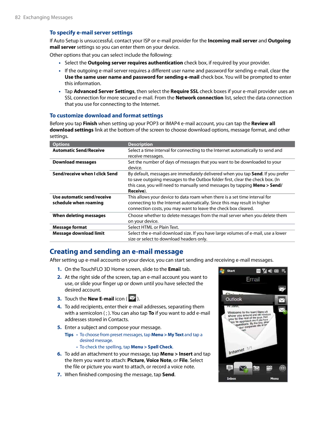 HTC RHOD500 user manual Creating and sending an e-mail message, To specify e-mail server settings 