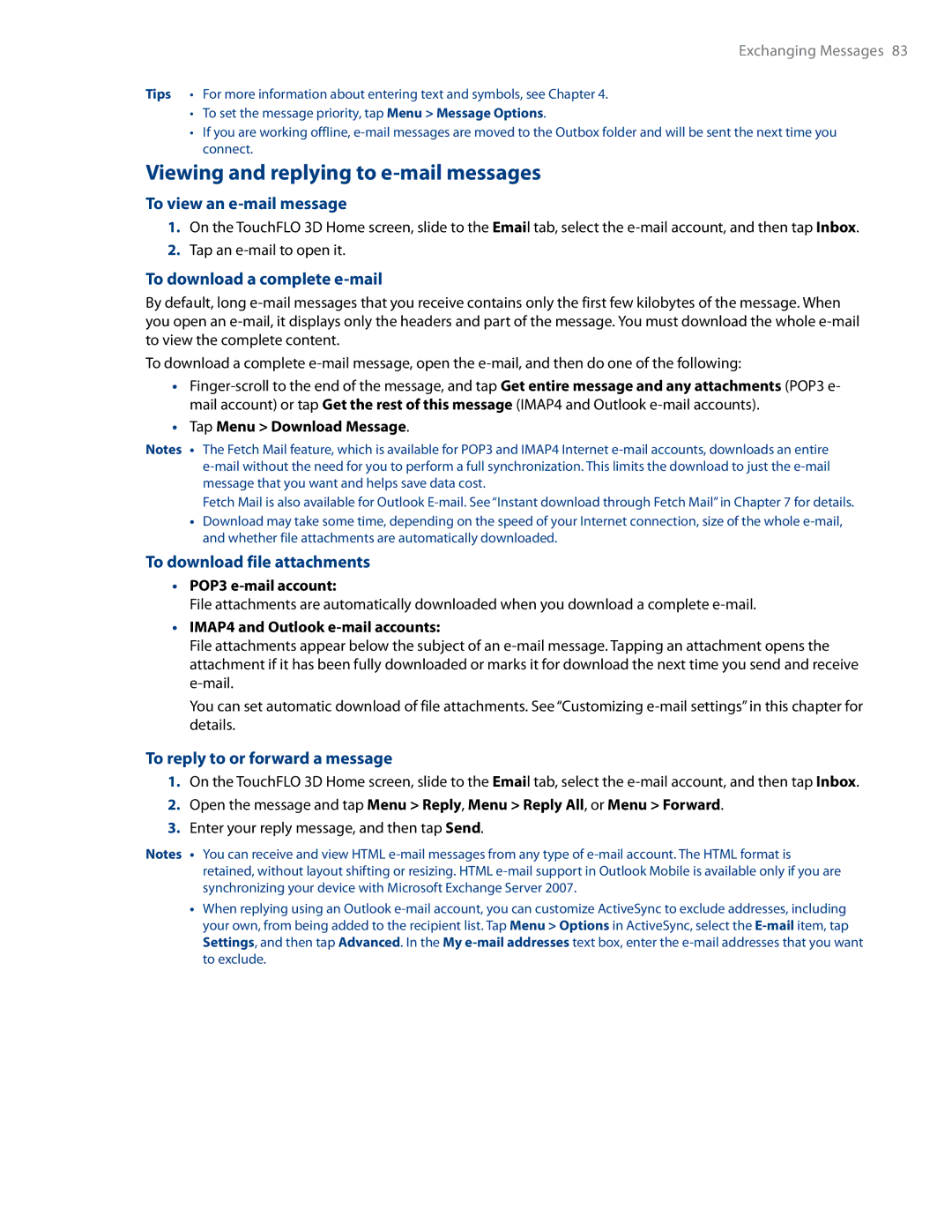 HTC RHOD500 user manual Viewing and replying to e-mail messages, To view an e-mail message, To download a complete e-mail 