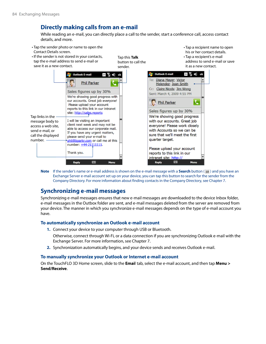 HTC RHOD500 user manual Directly making calls from an e-mail, Synchronizing e-mail messages 