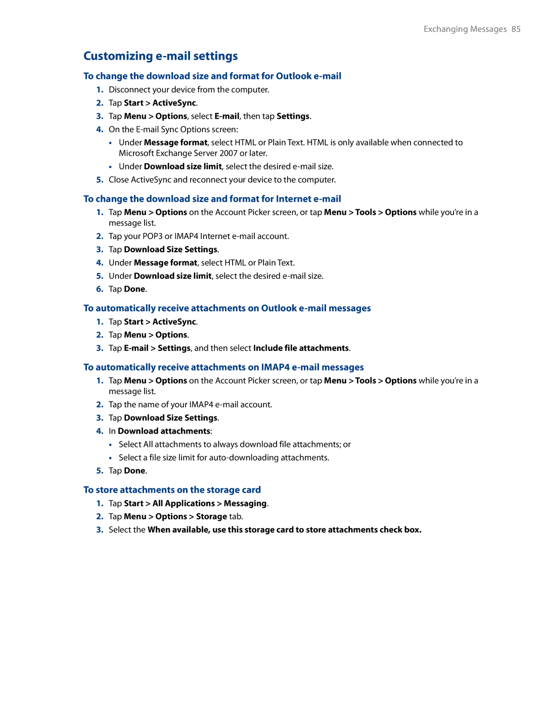 HTC RHOD500 user manual Customizing e-mail settings, To change the download size and format for Outlook e-mail 