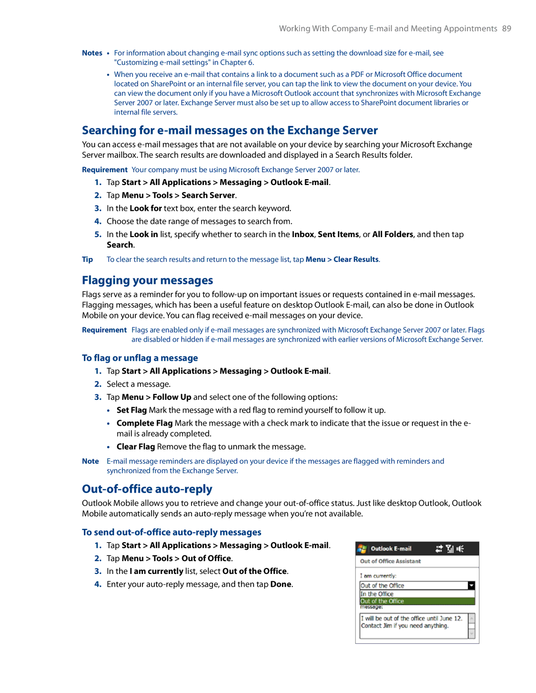 HTC RHOD500 Searching for e-mail messages on the Exchange Server, Flagging your messages, Out-of-office auto-reply 