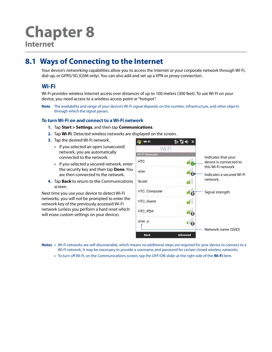 HTC RHOD500 user manual Ways of Connecting to the Internet, To turn Wi-Fi on and connect to a Wi-Fi network 