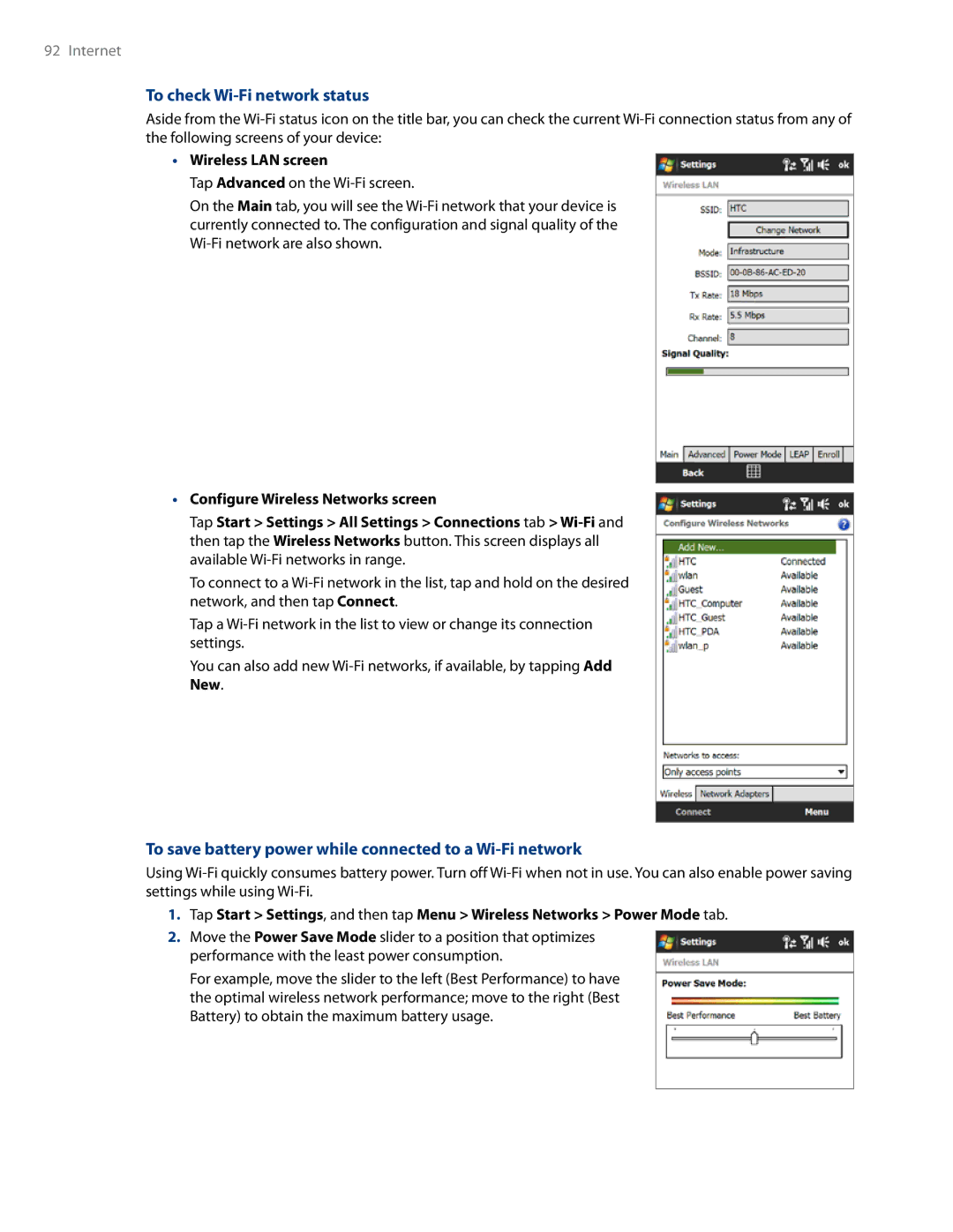 HTC RHOD500 To check Wi-Fi network status, To save battery power while connected to a Wi-Fi network, Wireless LAN screen 