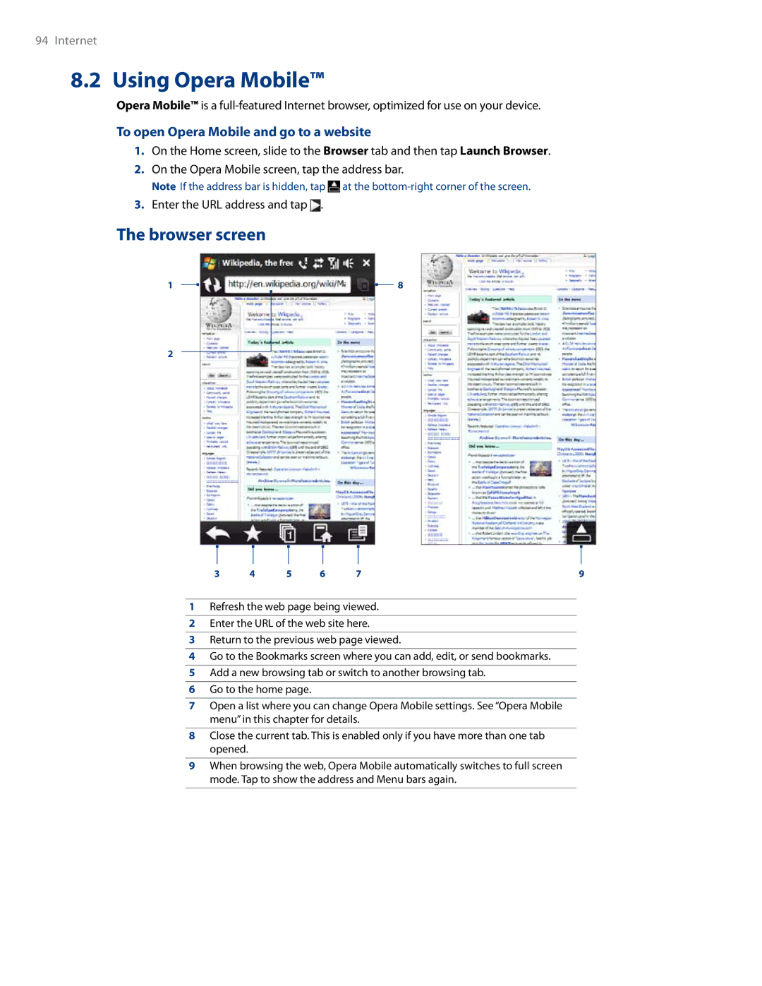 HTC RHOD500 user manual Using Opera Mobile, Browser screen, To open Opera Mobile and go to a website 