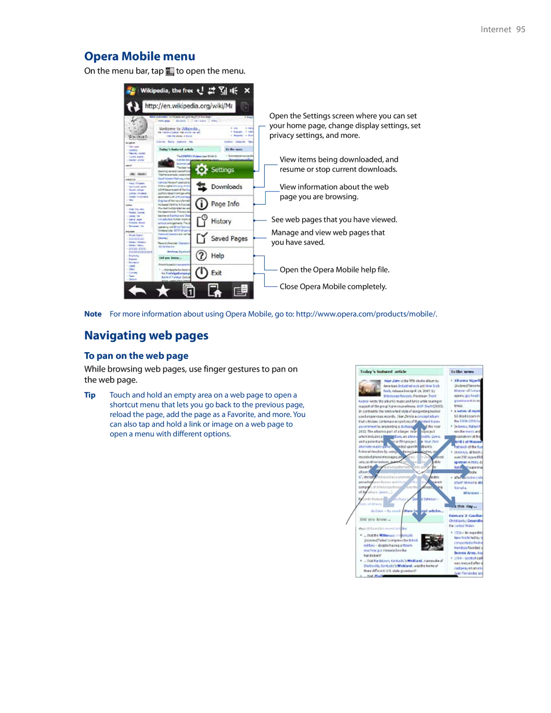 HTC RHOD500 user manual Opera Mobile menu, Navigating web pages, To pan on the web, On the menu bar, tap to open the menu 