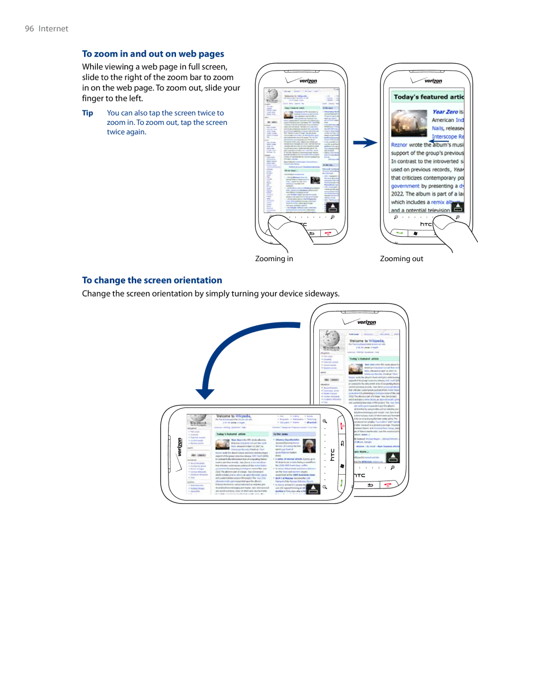 HTC RHOD500 user manual To zoom in and out on web pages, To change the screen orientation 