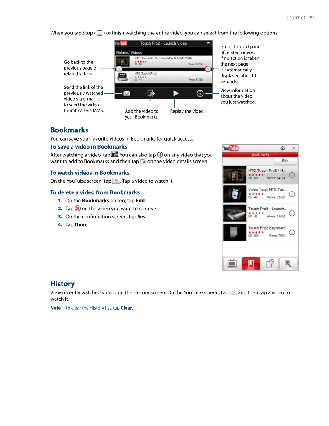 HTC RHOD500 History, To save a video in Bookmarks, To watch videos in Bookmarks, To delete a video from Bookmarks 