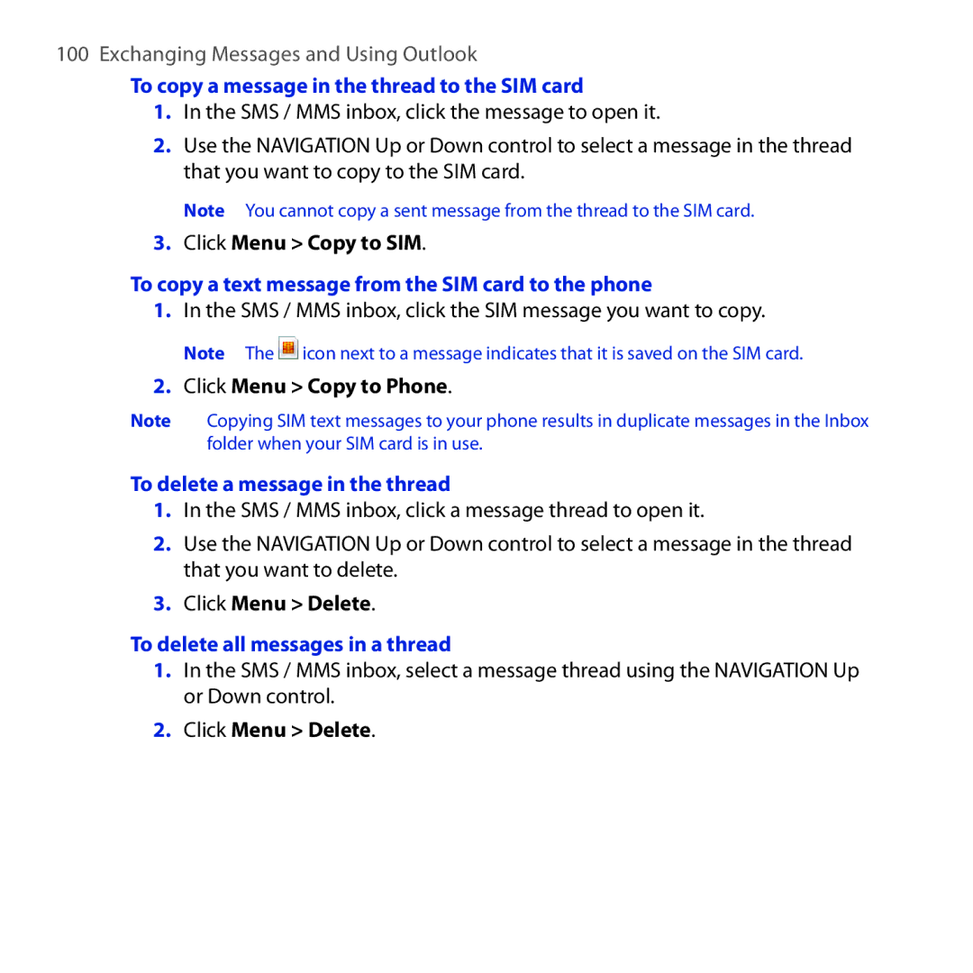 HTC ROSE100 To copy a message in the thread to the SIM card, To copy a text message from the SIM card to the phone 