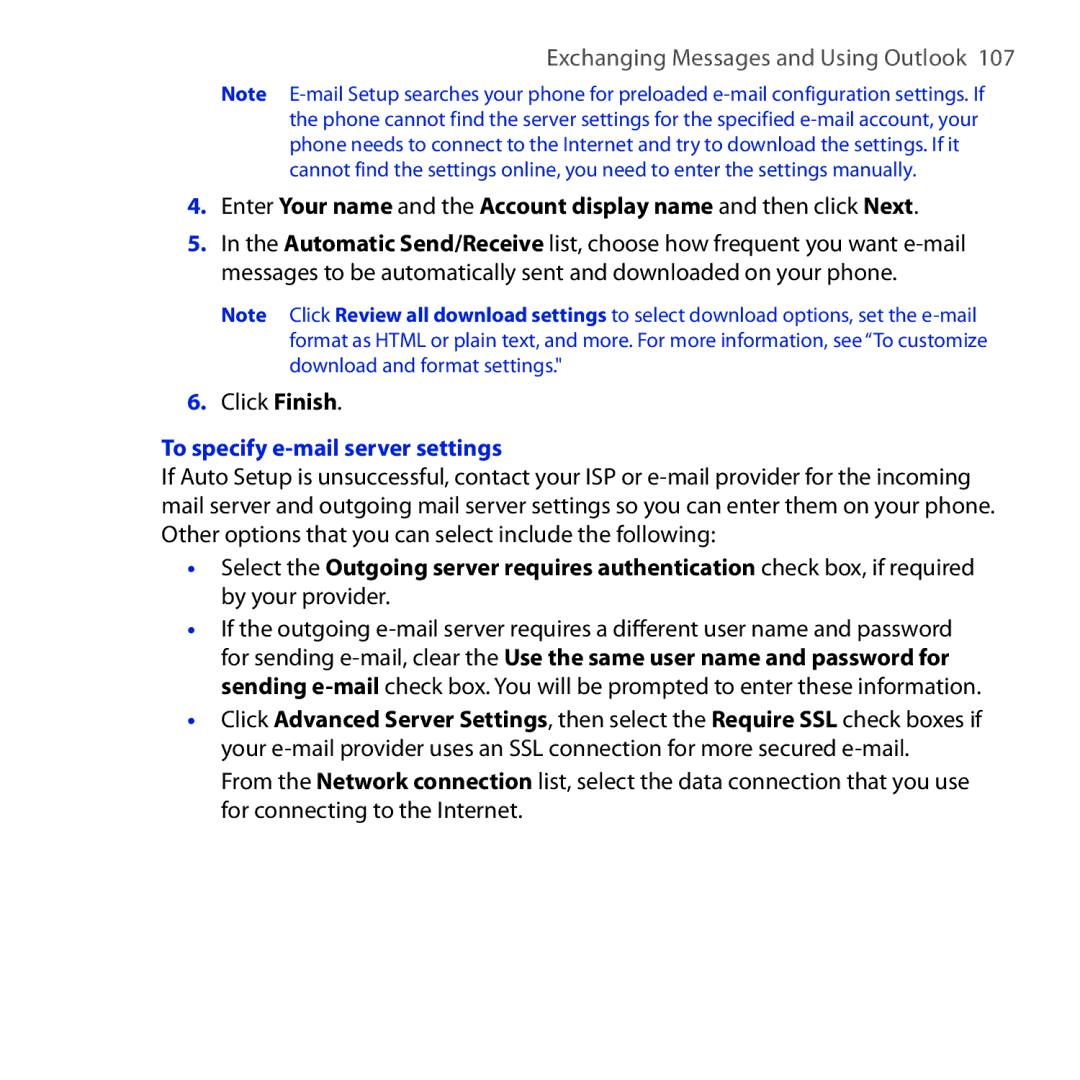 HTC ROSE100 user manual To specify e-mail server settings 